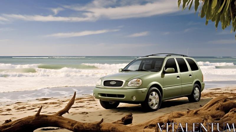 Green SUV on Sand Next to Surf - Playful Yet Sophisticated AI Image