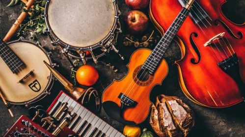 Harmonious Collection of Musical Instruments and Fresh Produce