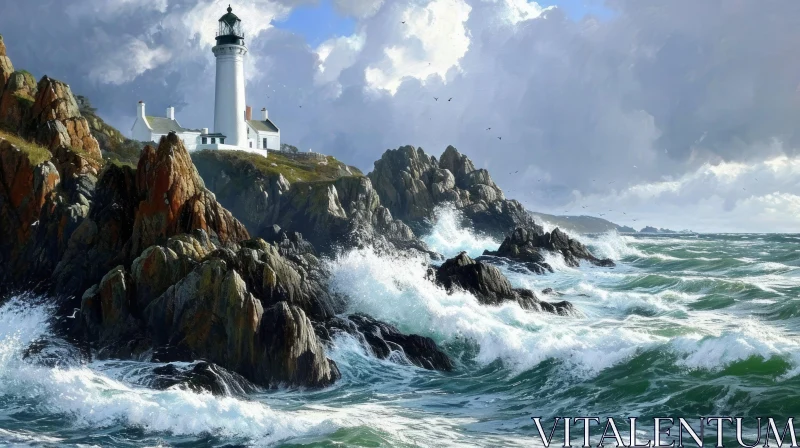 Majestic Lighthouse Painting on Coastal Cliff | Captivating Nature Art AI Image