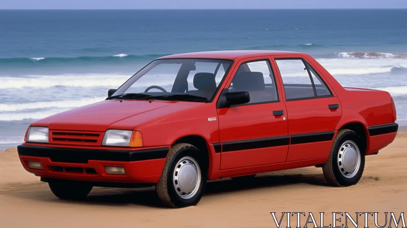 Red Car on Sand: A Captivating 1980s Inspired Artwork AI Image