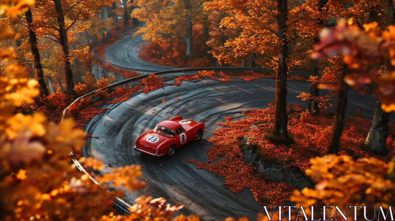 Red Sports Car Driving Through Autumn Forest AI Image