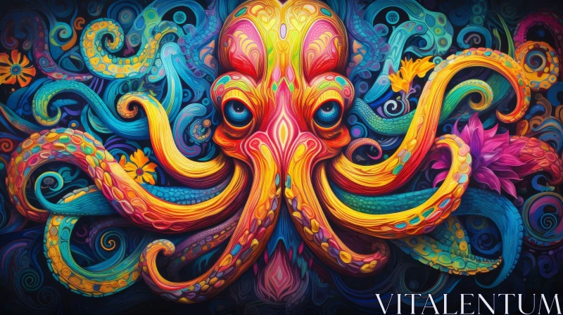 Surreal Digital Painting of an Octopus in Psychedelic Underwater Scene AI Image
