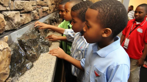 Three African-American Boys Observing Water Feature in Museum