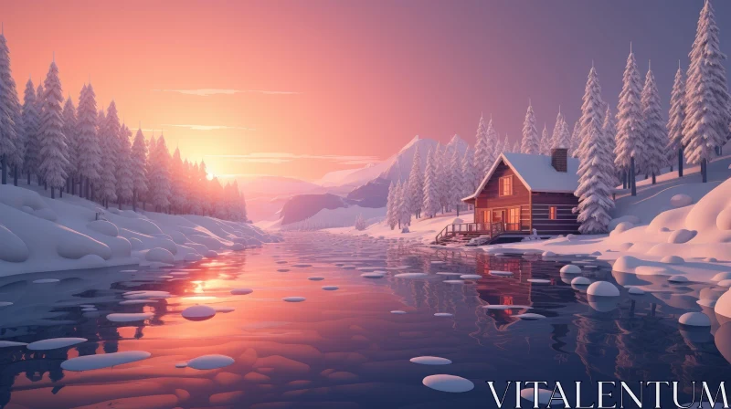 AI ART Winter Wonderland Landscape - Serene Snowy Cabin Scene
