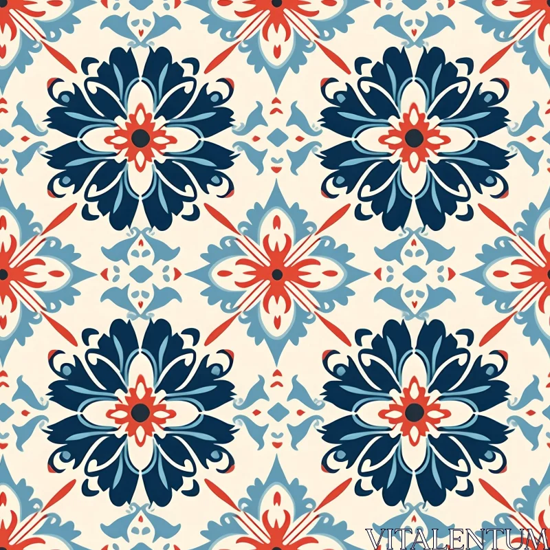 Blue and Red Floral Pattern on Cream Background AI Image