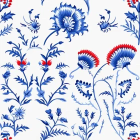 Blue and Red Floral Pattern on White Background