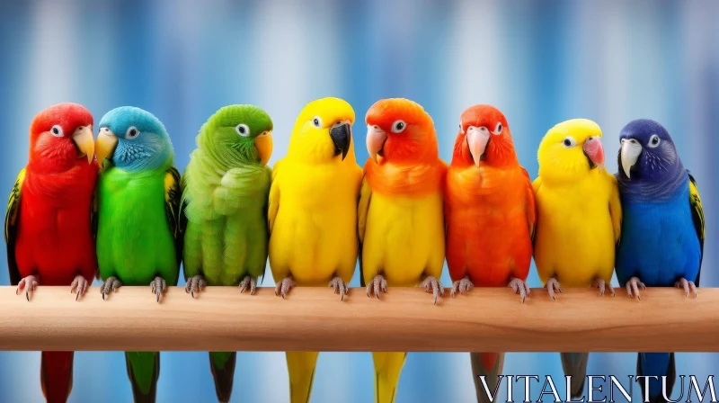 Colorful Parrots on Wooden Branches Against Blue Background AI Image