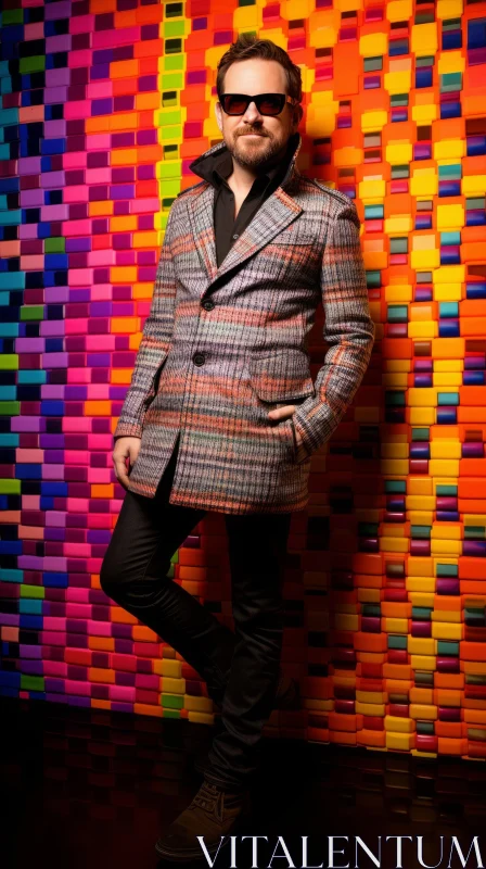 Confident Man in Suit and Sunglasses Against Colorful Wall AI Image
