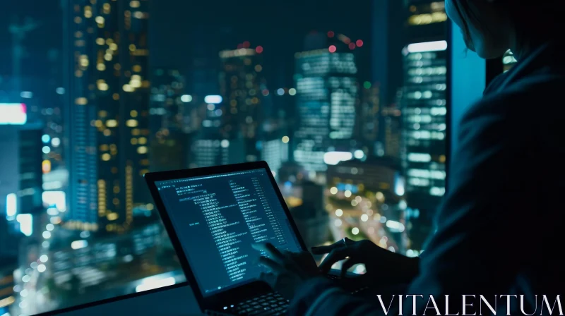 AI ART Enigmatic Urban Scene: Woman Typing on Laptop in Dark Room