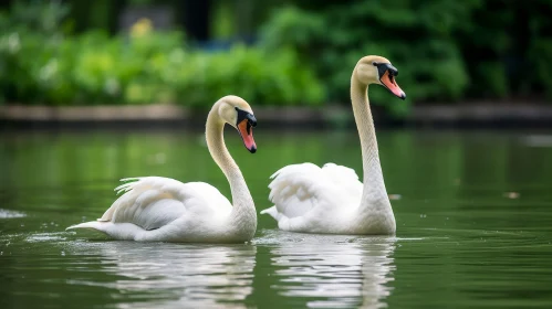 Graceful Swans Swimming in a Serene Lake