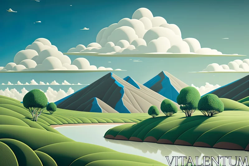 Green Mountain Landscape Drawing | Bold Graphic Illustrations AI Image