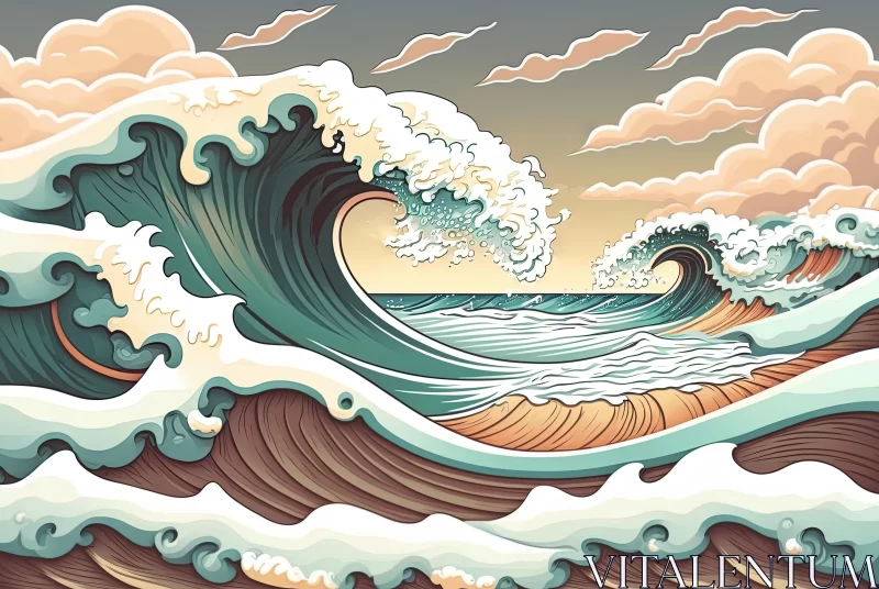 Magnificent Ocean Wave Illustration in Surrealistic Style AI Image