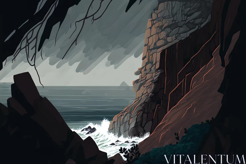 Mysterious Cave Under Waves: Dark and Moody Illustration AI Image