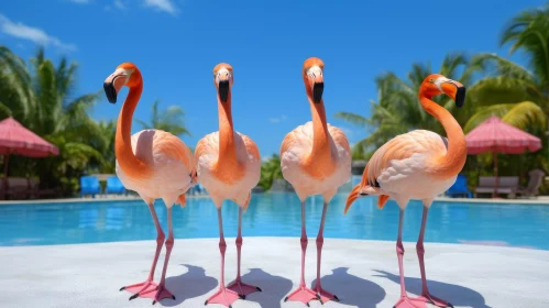 Pink Flamingos by Pool - Tropical Scene with Palm Trees