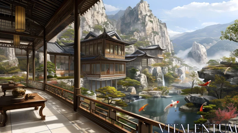 Serene Landscape: Chinese-Style House in Mountainous Surroundings AI Image
