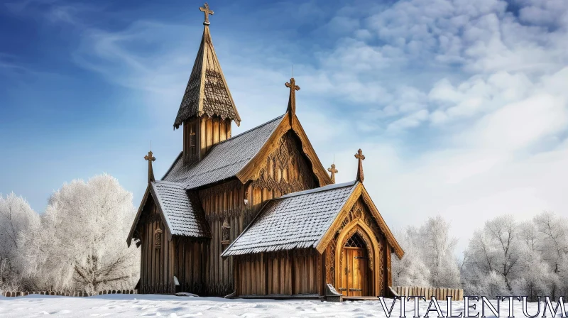 Serene Wooden Church in Snowy Forest - A Captivating Image AI Image
