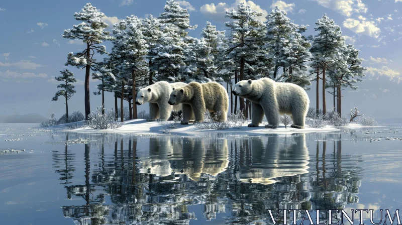 AI ART Winter Wildlife Scene: Polar Bears on Ice Floe in Frozen Lake