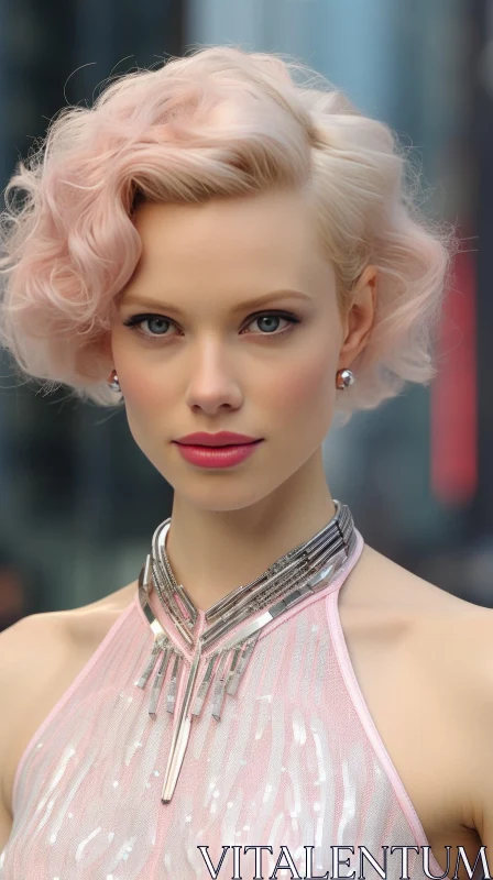 Young Woman Portrait with Pink Hair and Silver Necklace AI Image