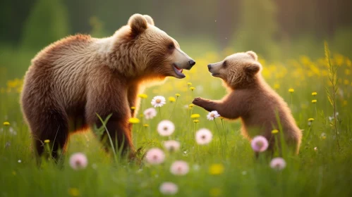 Brown Bear and Cub in Field of Flowers