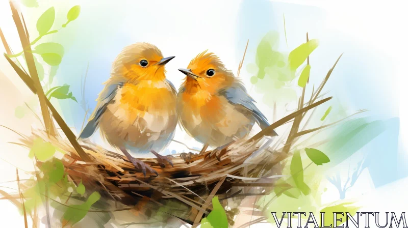 AI ART Colorful Birds in Nest on Tree - Nature Scene