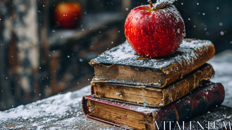 Cozy Still Life: Old Books and Red Apple on Wooden Table AI Image