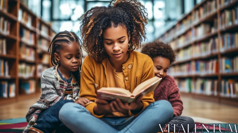 Enchanting Moment: African-American Mother Reading to Children in Library AI Image