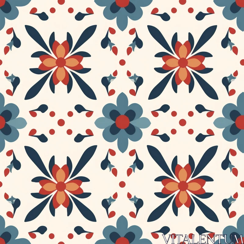 Floral and Geometric Seamless Pattern in Red, Orange, Blue, and White AI Image