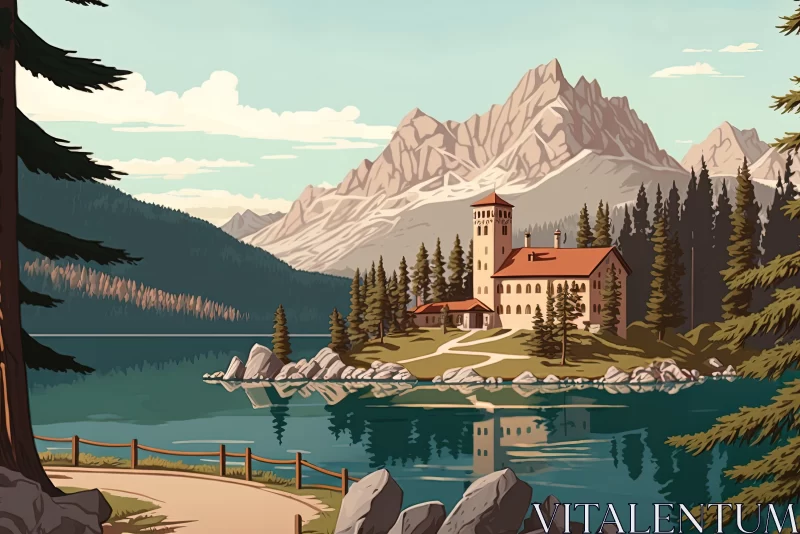 Lake near Mountains with a Vintage Poster Design: A Hyper-Detailed Nature Wonders Artwork AI Image