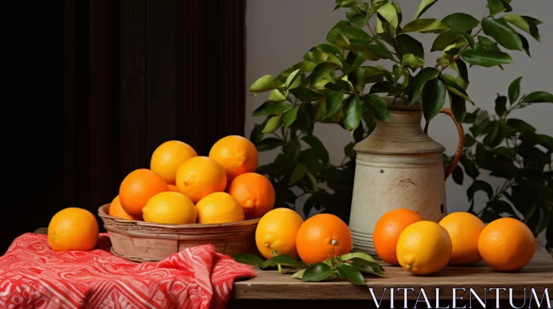 Oranges Still Life Composition with Wooden Bowl and Lemon Tree Branch AI Image