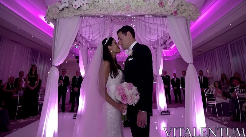 Romantic Wedding Kiss Under Flower Arch AI Image