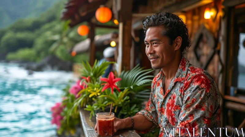Seaside Bar: A Man Enjoying a Tropical Cocktail AI Image