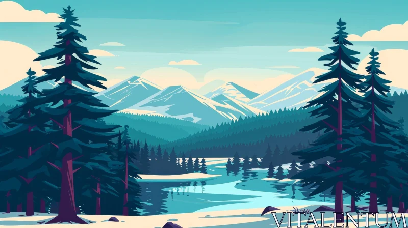 Serene Winter Landscape with Snow-Capped Mountains AI Image