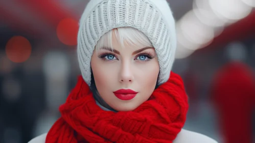 Serious Expression: Young Woman in White Hat and Red Scarf