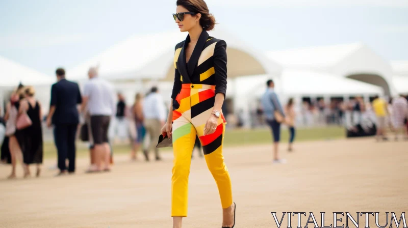 Stylish Woman in Colorful Pantsuit Walking Outdoors AI Image