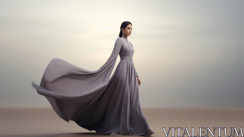 Young Woman in Gray Dress Walking in Desert AI Image