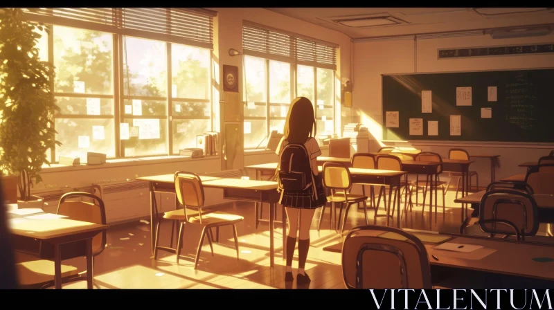 Anime Classroom Illustration with School Girl Looking Out the Window AI Image