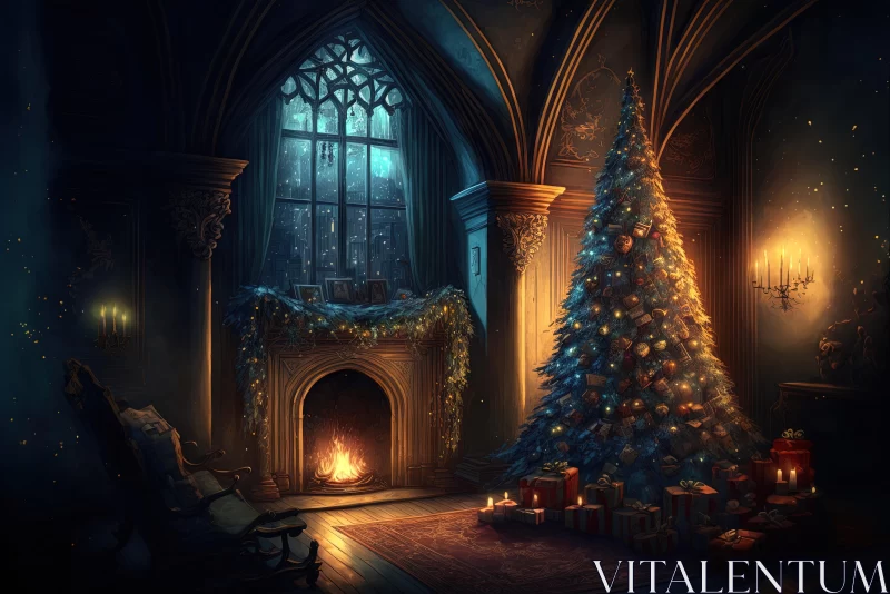 Christmas Room in a Castle: A Mysterious Gothic Illustration AI Image