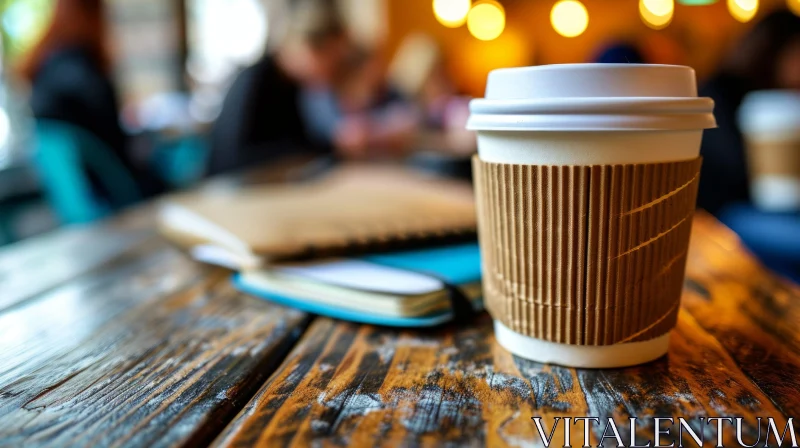 Close-up of Disposable Coffee Cup on Wooden Table with Open Book AI Image