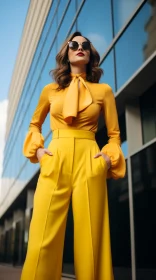 Confident Young Woman in Yellow Fashion at Modern Building