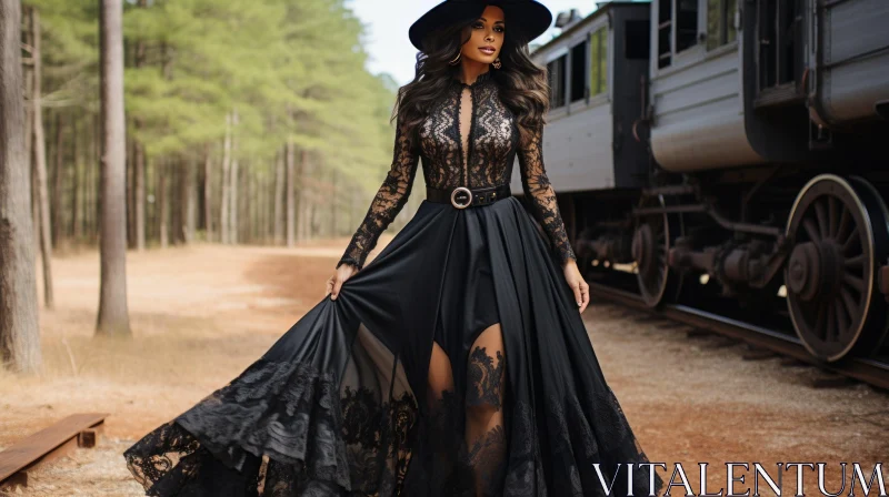 Elegant Woman in Black Lace Dress at Train Station AI Image