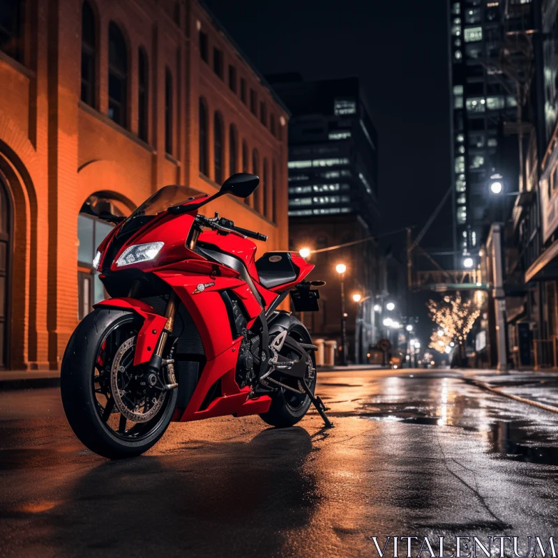Energetic Red Motorcycle on Dark City Sidewalk - Artistic Image AI Image