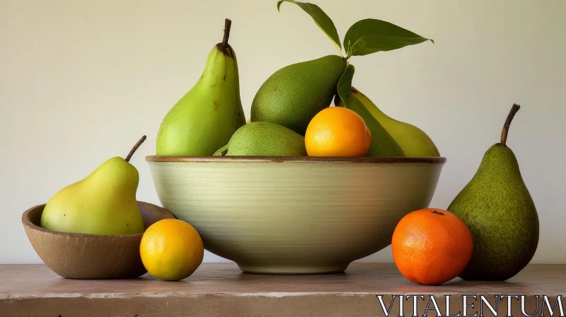 Exquisite Still Life of Pears and Oranges in a Green Bowl AI Image