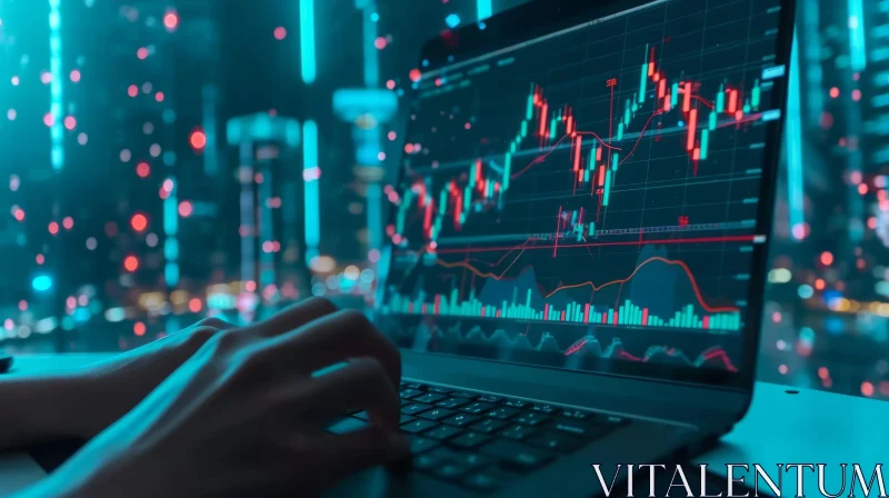 AI ART Interactive Stock Market Chart on Laptop | Blurred Cityscape Background