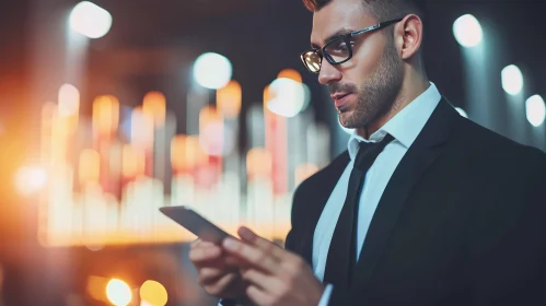 Intriguing Urban Image: Young Businessman Engrossed in City Lights