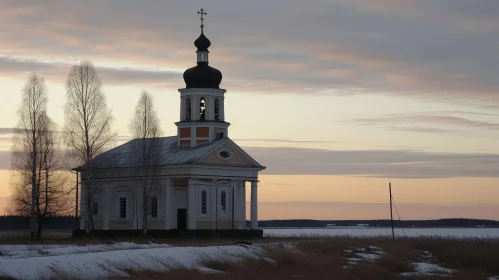 Majestic Wooden Church on Frozen Lake | Nature Photography