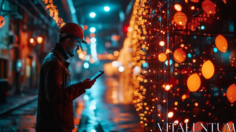 Nighttime Construction Worker Using Tablet at Site AI Image
