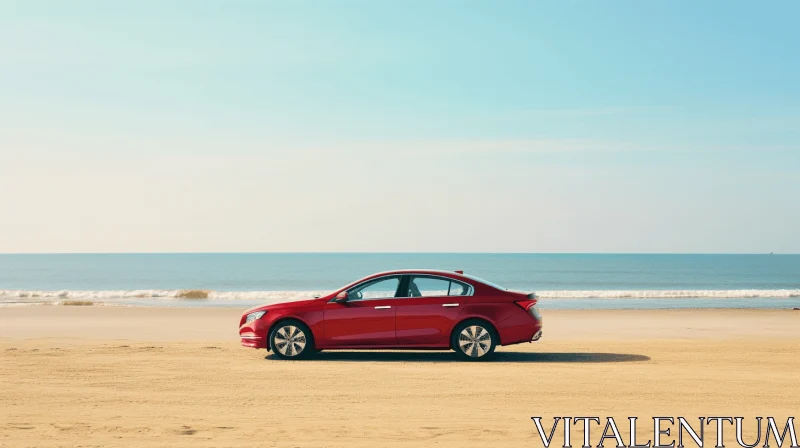 Red Car on Sandy Beach: Capturing the Essence of Commercial Imagery AI Image