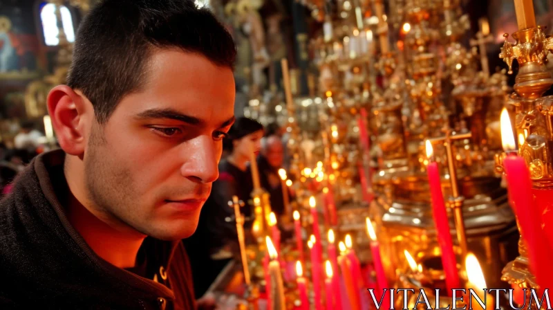 Serenity and Devotion: A Young Man Praying in a Candle-lit Church AI Image