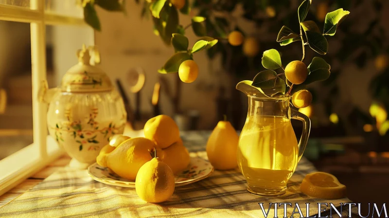 Still Life: Glass Pitcher of Lemonade and Ripe Lemons on a Table AI Image