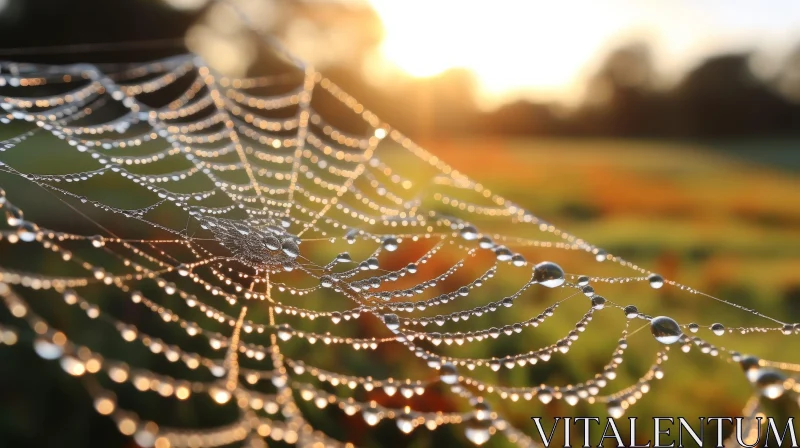 Sunlit Spider Web with Dew Drops - Nature Close-up AI Image
